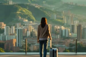 Viajera con maleta mirando Medellín: guía para cambiar dólares de forma segura