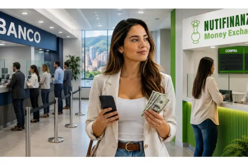 Cliente comparando un banco y una casa de cambio Nutifinanzas para comprar dólares en Medellín